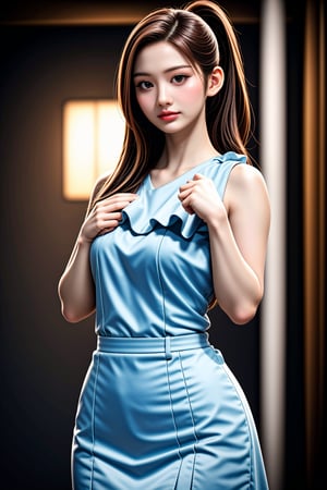 (((beauty)))-moment-of-1girl, bishoujo-in-her-preteens, unique-messy-ponytail, unique-physique, realistic-detailed-skin, (((Ultra-HD-photo-same-realistic-quality-details, casual))), remarkable-colors, high-fashion, long-dress, holding, purse, hair-ornaments, frills, overly-tight-skirt, bodycon, unique-model-poses, (((relaxed, supporting-pose))), unique-background, dramatic-optimal-rim-lighting, shot-on-digital-cinematic-camera, Hyper Realistic, sullyoonlorashy, Daughter of Dragon God,<lora:659111690174031528:1.0>