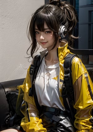 (glamour1.2) photo of a beautiful shy young woman with messy bun_hair and a clear collarbone, sitting on a couch with knees up in a luxurious living room, BREAK wearing Urban techwear outfit,  yellow jacket with black see-through undershirt, headphones and backpack, (blush, blemishes:0.6), (goosebumps:0.5), subsurface scattering, iridescent eyes, detailed skin texture, hourglass body shape, textured skin, realistic dull skin noise, visible skin detail, skin fuzz, dry skin, photorealistic, remarkable color, (photorealistic, SFW:1.3), (upper body framing:1.3), soft fill lighting, golden_ratio, Fujicolor_Pro_Film,