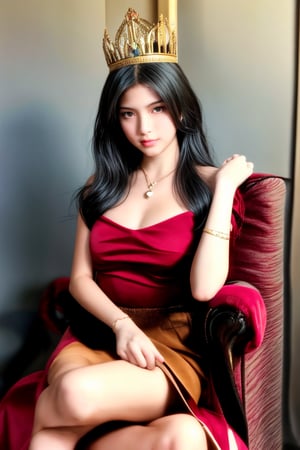 Seated on a velvet throne, she dons a regal crown, exuding elegance and quiet power. 1girl, ChesCab, mix-of-hair-styles, jewelry, natural-lighting, photo background, physically-realistic,<lora:659111690174031528:1.0>