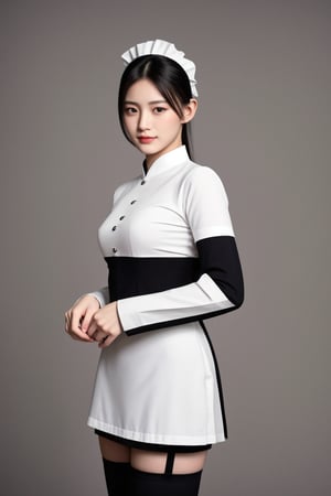 irresistible-1girl, unique-physique, Chinese Maid (Early 21st Century): Straight black hair, dark eyes, wearing a modest and practical (maid uniform1.2), usually a blouse and skirt or trousers, typically in subdued colors like blue or grey, (stockings:1.1), Wearing a British Maid's Frilly Cap, (((relaxed))), cowboy-shot, (((physically-realistic))),,<lora:659111690174031528:1.0>