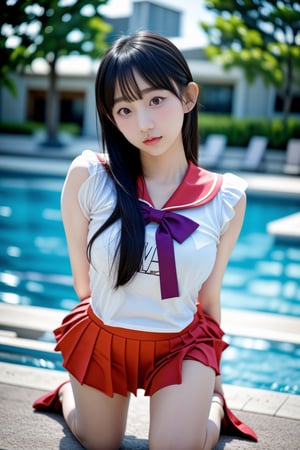 (((gravure-pov))), eunji15-mia_nanasawa, irresistible-1girl, unique-mix-of-natural-hair-styles, parted-bangs, SMMars, sailor-senshi-uniform, red-sailor-collar, red-skirt, no-virgin-anymore, (((relaxed))), kneeling-pose, over-intricate-background, outdoors-pool, soft-natural-lighting, (((Ultra-HD-photo-same-realistic-quality-details))), remarkable-colors,,<lora:659111690174031528:1.0>