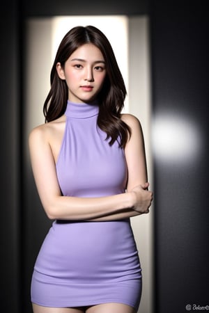 (((beauty)))-moment-of-irresistible-1girl, bishoujo-in-her-20s, unique-messy-hairstyle, hair-bow, realistic-detailed-skin, (((Ultra-HD-photo-same-realistic-quality-details))), remarkable-colors, purple-fashion, halter-turtleneck-dress, sleeveless-short-dress, overly-tight-skirt, unique-couples-pov, (((relaxed, supporting-pose))), unique-background, dramatic-rim-lighting, Sugar babe , bbimp,<lora:659111690174031528:1.0>