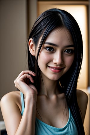 glamour shot of a breathtakingly beautiful teenage bishoujo girl, radiating an irresistible smile. Her messy hairstyle adds to her quirky charm. Her skin is rendered in stunning detail and realistic quality. The ultra-HD photo boasts remarkable colors, capturing every nuance. She's dressed casually for a unique dating dinner, posing relaxed with a supporting gesture, as if sharing a romantic moment. Against a creative abstract background, soft shadows play, accentuating her features. Inspired by umi_yakake, this Hyper Realistic masterpiece transports viewers to a world of beauty and intimacy.,Hyper Realistic,<lora:659111690174031528:1.0>