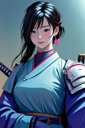 irresistible-1girl, (((physically-realistic))), mix-of-hair-styles, mix-of-natural-blemishes, zelr, (((casual))), Samuraniji, samurai, deep-v-neck, intricate-blue-armor, full-samurai-armor, plated-shoulder-pads, holding-weapon, holding-katana, attack-pose, (((relaxed))), white background, ((castle-couryard)), optimal-lighting, shot-on-50mm, remarkable-colors,,<lora:659111690174031528:1.0>