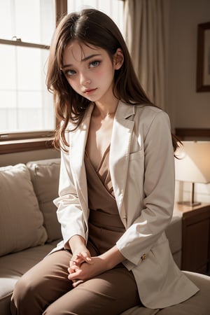 (glamour:1.3) photo of a beautiful young girlfriend\(woman\) in her (preteens:1.3), 1girl, mid-parted hair, (petite:1.2), (absolute_cleavage:0.4), brown_complexion, (blush:0.5), (goosebumps:0.5), subsurface scattering, detailed skin texture, textured skin, realistic dull skin noise, visible skin detail, skin fuzz, dry skin, perfect fingers, remarkable colors, BREAK wearing Contemporary outfit with a jumpsuit and structured blazer, BREAK RAW Photo, photorealistic, gdminteriorti luxury modern interior design, living room, soft bounced lighting, (rule_of_thirds:1.3), Enhance, AGE REGRESSION,