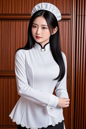 irresistible-1girl, unique-physique, Chinese Maid (Early 21st Century): Straight black hair, dark eyes, wearing a modest and practical (maid uniform1.2), usually a blouse and skirt or trousers, typically in subdued colors like blue or grey, (stockings:1.1), Wearing a British Maid's Frilly Cap, (((relaxed))), cowboy-shot, (((physically-realistic))),,<lora:659111690174031528:1.0>