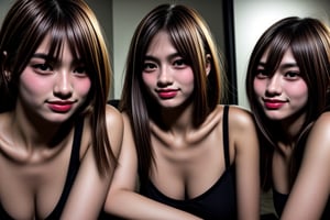 A candid Ultra-HD photo of three irresistible bishoujo teenagers with unique messy hairstyles and realistic detailed skin. The frame captures a relaxed and casual atmosphere, as they enjoy a dinner date. One girl sits in a supporting pose, leaning against another, while the third girl gazes off-camera with a hint of mischief. Soft lighting creates a warm glow, accentuating their remarkable skin tones and highlighting the creative play of shadows across their faces. The setting is intimate, with a subtle focus on the girls' joyful interaction, inviting the viewer to experience the dating POV from their perspective.,<lora:659111690174031528:1.0>