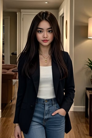 irresistible-1girl, preteen-sophto, black-hair, mix-of-hair-styles, officelady-outfit, open-black-blazer, slacks, jewelry, (((dating-pov))), Enhance, school-university, indoors-at-noon, soft-key-lighting, photo background, multi_effects,<lora:659111690174031528:1.0>