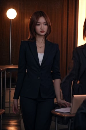 irrresistible-1girl, sophto, mix-of-hair-styles, officelady-outfit, blazer-having-necktie, slacks, high-heels, (((dating-pov))), Enhance, classroom, indoors-at-noon, moon-lighting, photo background, furure_urban,,<lora:659111690174031528:1.0>