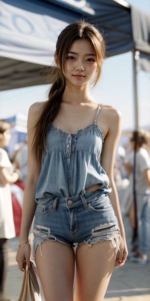 (glamour1.3) photo of a beautiful young happy woman with messy_ponytail, in a festival setting, yuzu, BREAK wearing Cambaya, BREAK (blush, blemishes:0.6), (goosebumps:0.5), subsurface scattering, iridescent eyes, detailed skin texture, hourglass body shape, textured skin, realistic dull skin noise, visible skin detail, skin fuzz, dry skin, petite, remarkable color, (photorealistic, SFW:1.3), (upper_body from legs framing:1.3), dramatic lighting, golden_ratio, rule_of_thirds, Fujicolor_Pro_Film,