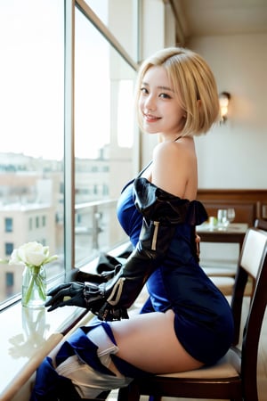 (glamour:1.3) photo of a beautiful smiling (young) woman\(girlfriend\) named haruka, (absolute_clevage:0.4), blonde short hair, (petite:1.2), BREAK wearing magnolia arch outfit, fitted, blue_dress with black_sleeves, black_gloves, thigh_boots, hair flower, BREAK (upper_body frame), hourglass body shape, (having a dinner_date at a fine_dining_restaurant, sitting), soft_bounced_lighting, cinematic shot from side_and_behind, staring_at_viewer, rule_of_thirds, Fujicolor_Pro_Film,