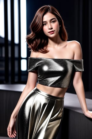 (((glamour)))-photo-of-irresistible-1girl, wears Metallic off-the-shoulder top and pleated metallic midi skirt, jewelry, bbimp, upper-body, photo background, mix-of-indoor-and-outdoor-background, cinematic lighting, Sugar babe ,<lora:659111690174031528:1.0>