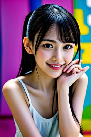 glamour shot of a breathtakingly beautiful teenage bishoujo girl, radiating an irresistible smile. Her messy hairstyle adds to her quirky charm. Her skin is rendered in stunning detail and realistic quality. The ultra-HD photo boasts remarkable colors, capturing every nuance. She's dressed casually for a unique dating dinner, posing relaxed with a supporting gesture, as if sharing a romantic moment. Against a creative abstract background, soft shadows play, accentuating her features. Inspired by umi_yakake, this Hyper Realistic masterpiece transports viewers to a world of beauty and intimacy.,<lora:659111690174031528:1.0>