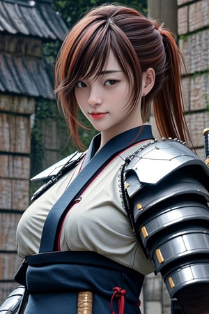 irresistible-1girl, (((physically-realistic))), mix-of-hair-styles, mix-of-natural-blemishes, zelr, (((casual))), Samuraniji, samurai, deep-v-neck, intricate-blue-armor, full-samurai-armor, plated-shoulder-pads, holding-weapon, holding-katana, attack-pose, (((relaxed))), white background, ((castle-couryard)), optimal-lighting, shot-on-50mm, remarkable-colors,,<lora:659111690174031528:1.0>