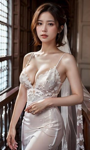 (glamour1.3) photo of a beautiful young expressive woman with messy_bobcut, BREAK wearing seethrough_wedding_dress, evening gloves, BREAK (blush, blemishes:0.6), (goosebumps:0.5), subsurface scattering, detailed skin texture, absolute_cleavage, hourglass body shape, textured skin, realistic dull skin noise, visible skin detail, skin fuzz, glossy skin, remarkable color, better_hands, (photorealistic, realistic:1.3), (cowboy_shot:1.3), from below, natural_lighting, rule_of_thirds, Fujicolor_Pro_Film,