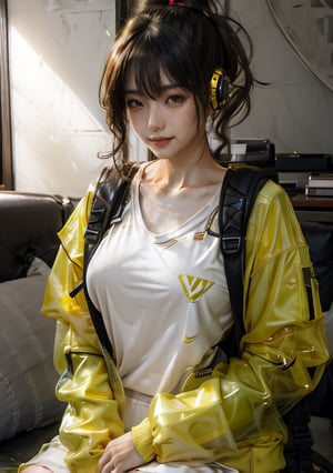 (glamour1.2) photo of a beautiful shy young woman with messy bun hair and a clear collarbone, sitting on a couch with knees up in a luxurious living room, BREAK wearing Urban techwear outfit, yellow jacket, headphones and backpack (blush, blemishes:0.6), (goosebumps:0.5), subsurface scattering, iridescent eyes, detailed skin texture, hourglass body shape, textured skin, realistic dull skin noise, visible skin detail, skin fuzz, dry skin, photorealistic, remarkable color, (photorealistic, SFW:1.3), (upper body framing:1.3), soft fill lighting, golden_ratio, Fujicolor_Pro_Film,