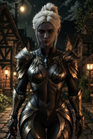 irrresistible-1girl, shameless, mix-of-hair-styles, dangerous-physique, MintharaBG, plated-armor, shoulder-armor, hip-armor, midriff, jewelry, ornamentals, (((molesting-pov))), Enhance, streets, outdoors-at-night, moon-lighting, photo background, Half-timbered Construction,,<lora:659111690174031528:1.0>