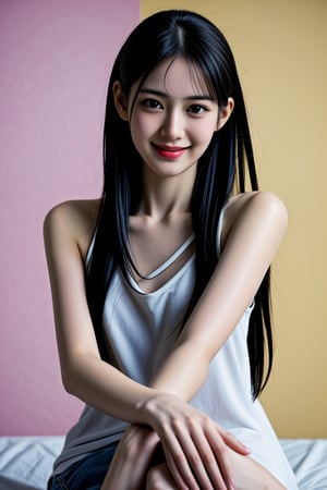 Candid shot of a breathtakingly beautiful teenage bishoujo girl, radiating an irresistible smile. Her messy hairstyle adds to her quirky charm. Her skin is rendered in stunning detail and realistic quality. The ultra-HD photo boasts remarkable colors, capturing every nuance. She's dressed casually for a unique dating dinner, posing relaxed with a supporting gesture, as if sharing a romantic moment. Against a creative abstract background, soft shadows play, accentuating her features. Inspired by umi_yakake, this Hyper Realistic masterpiece transports viewers to a world of beauty and intimacy.,<lora:659111690174031528:1.0>