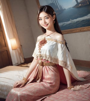 (glamour photo:1.4) of a beautiful laughing young model\(woman, girl\), (preteen:1.4), 1girl, (petite), (blush:0.6), (goosebumps, blemishes:0.5), subsurface scattering, detailed skin texture, textured skin, realistic dull skin noise, visible skin detail, skin fuzz, dry skin, perfect fingers & hands, realistic fingernails, feminine tone, BREAK wearing traditional Thai Dress of red and gold, elegant, BREAK RAW Photo, (photorealistic, photorealism, realistic, New_Year:1.3), SFW, (rule_of_thirds:1.4), Sexy_Pose, ancient Asian city background\(setting\) (shot from dutch angle:1.6), shot on ALEXA 65 camera, using Fujicolor Pro Film, SGBB, ThaiDress,ThaiDress