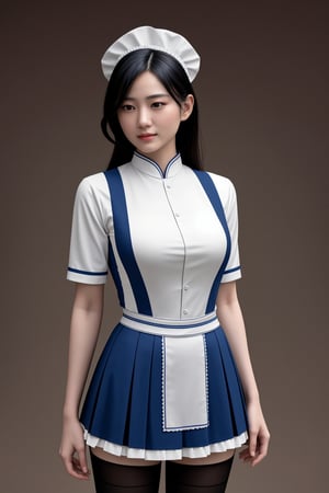 irresistible-1girl, unique-physique, Chinese Maid (Early 21st Century): Straight black hair, dark eyes, wearing a modest and practical (maid uniform1.2), usually a blouse and skirt or trousers, typically in subdued colors like blue or grey, (stockings:1.1), Wearing a British Maid's Frilly Cap, (((relaxed))), mix-of-shot-angles, mix-of-photo-background, dynamic-lighting, (((physically-realistic))),,<lora:659111690174031528:1.0>