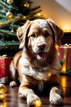 Naughty Golden retriever, tangled up in large Christmas lights, Christmas tree in background, sharp focus on image, 
eating Christmas cracker , name Tom