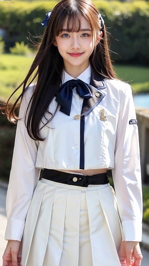 High Quality, Lossless, Clean, Raw, High Quality, Lossless, Clean, Raw, HD, girl, alone, clear lights, bangs in her hair, blue eyes, beautiful girl, anoa magic academy school uniform, shirt, white shirt, buttons, buttoned cuffs, jacket, white jacket, cropped jacket, bow, white bow, bowtie, white bowtie, long sleeves, puffy sleeves, skirt, white skirt, pleated skirt, shoes, arm belt, high-waist skirt, ascot, wait ascot, solo, blue eyes, smile, smile