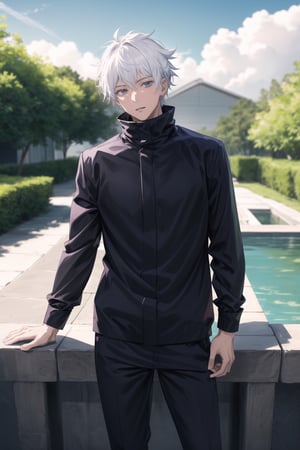 masterpiece,highres,high quality,extremely detailed,solo,outdoors, looking at viewer, SatoruGojo,1man, black jacket,popped collar,gojo satoru, white hair