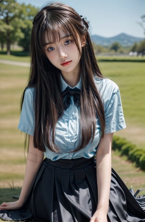  (Best Quality, 8K, ultra-detailed, Masterpiece: 1.3),  1girl, solo, pleated skirt, black skirt, smiling, looking at viewer, blue eyes, smile, long hair, park, bow tie, (black hair:1.3), blue eyes, halo, long white shirt, side updo hairstyle, sitting in a field of Lycoris flowers,colorful_girl_v2,