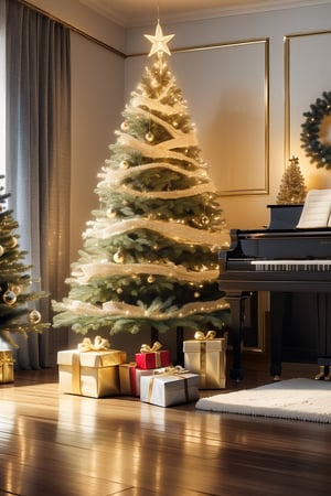 (high quality, 4K), piano, gift, decoration, Christmas, piano with a gift bow, piano, in a room, realistic