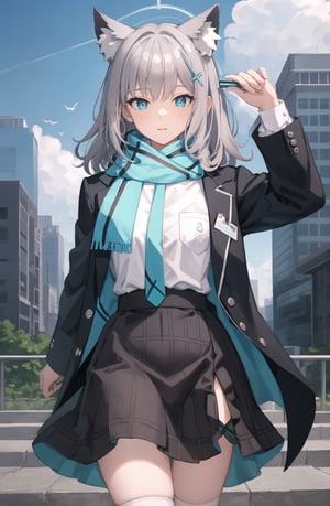 masterpiece, best quality, cowboy shot, 1girl, solo, outdoors, withLora(ShirokoBA-v1, 0.8), shiroko, grey hair, medium hair, mismatched pupils, cross hair ornament, animal ear fluff, scarf, open clothes, open jacket, blue jacket, white shirt, necktie, pleated shirt, plaid skirt, high-waist skirt, kneehighs