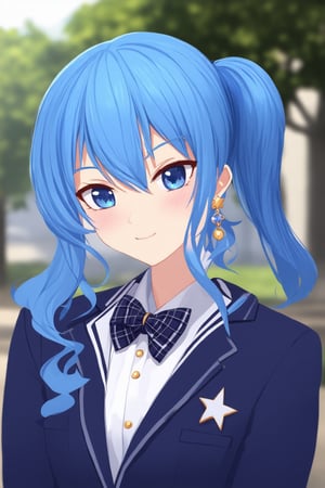 1girl, virtual youtuber, solo, blue hair, blue eyes, blush, jewelry, shirt, jacket, earrings, star \(symbol\), looking at viewer, bow, white shirt, upper body, side ponytail, school uniform, bowtie, plaid bow, collared shirt, hair ribbon, alternate costume, star earrings, ribbon, star in eye, blazer, closed mouth, symbol in eye, long hair, hair between eyes, sweatdrop, medium hair, wavy mouth, open jacket, outdoors, open clothes, blurry background, blue jacket,hoshimachi suisei