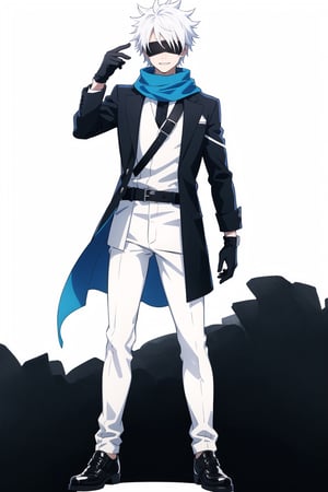 solo, smile, short hair, simple background, gloves, long sleeves, 1boy, white background, holding, closed mouth, standing, jacket, full body, white hair, male focus, shoes, pants, scarf, black footwear, black jacket, black pants, spiked hair, facing viewer, blindfold, blue gloves, covered eyes, blue scarf, black blindfold, gojou satoru