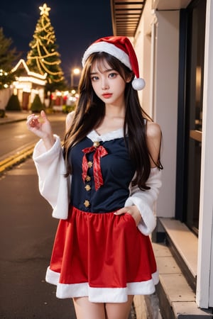 girl dressed in Christmas costume, night, Santa Claus, gifts, high quality, girl, blue eyes, 1 man, beautiful girl