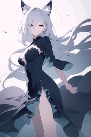 (Best Quality, 8K, ultra-detailed, Masterpiece: 1.3),  1girl, solo, looking at viewer, very long hair, blue eyes, hair between eyes, closed mouth, white hair, streaked hair, shiroko(terror), animal ear fluff, animal ears, shirokoterror, dress, Serious look