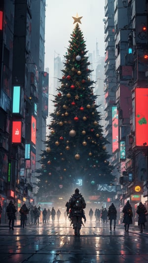 (((masterpiece))), high quality, extremely detailed, 4K, 8K, (cyberpunk city:1.3), (christmas tree:1.3), (present box:1.2), no human, super fine illustration, real photo, line art, approaching perfection, insanely detailed, concept art, epic, cinematic. Unreal engine 5,ink