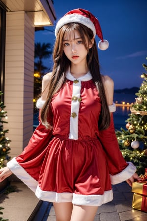 girl dressed in Christmas costume, night, Santa Claus, gifts, high quality, girl, blue eyes, 1 man, beautiful girl,Nice legs and hot body, (idol)