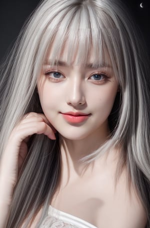 (8k, best quality, masterpiece), (ultra-detailed:1.1), (high detailed skin), bangs, 1girl, Elegant white dress with different details, watching, moonlit night on the beach, blue eyes, (white hair: 1.3), red eye shadow on the sides, smiling, high quality, clear, photo, detailed and vivid colors, hands correct