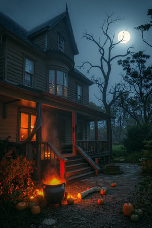 A spooky autumn evening at a mysterious old house. A giant spider web clings to the front door, with a glowing jack-o-lantern perched on the porch steps. The roof is shrouded in mist, while eerie tree branches stretch towards the moonlit sky. A witch's cauldron bubbles over in the foreground, amidst pumpkins and corn stalks.