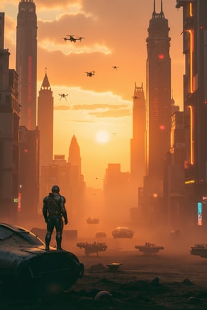 A futuristic cityscape at sunset: sleek skyscrapers with neon-lit facades pierce the smoggy haze, while hovering drones and levitating cars zip by. In the foreground, a lone figure in metallic armor stands atop a crashed spacecraft, gazing out at the distant stars. Golden light of the setting sun casts long shadows across the desolate wasteland,Cinematic_Enhancer_Style