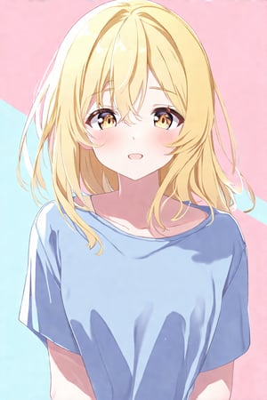 Anime_style_14, 1girl, blonde hair, half-body, detailed eyes, pastel colors, soft lighting, casual clothes, standing, relaxed expression, delicate hair strands, soft pink and baby blue background, blush, anime-style, focus on upper body, gentle atmosphere, subtle shadows, golden hair highlights