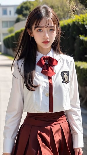 High Quality, Lossless, Clean, Raw, High Quality, Lossless, Clean, Raw, HD, girl, alone, clear lights, bangs in her hair, blue eyes, beautiful girl, anoa magic academy school uniform, shirt, white shirt, buttons, buttoned cuffs, jacket, white jacket, cropped jacket, bow, red bow, bowtie, red bowtie, long sleeves, puffy sleeves, skirt, red skirt, pleated skirt, shoes, arm belt, high-waist skirt, ascot, red ascot, solo,ranoa magic academy school uniform 