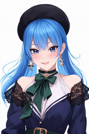 1girl, virtual youtuber, solo, blue eyes, blue hair, long hair, hat, official alternate costume, blush, earrings, looking at viewer, beret, official alternate hairstyle, jewelry, star \(symbol\), symbol in eye, jacket, star in eye, bow earrings, off shoulder, official alternate hair length, blue jacket, ribbon, black headwear, upper body, lace, hand on own chest, closed mouth, green ribbon, lace trim, one side up, lace choker, long sleeves, shirt, hair between eyes, bow, white background, belt, open clothes, hair ribbon