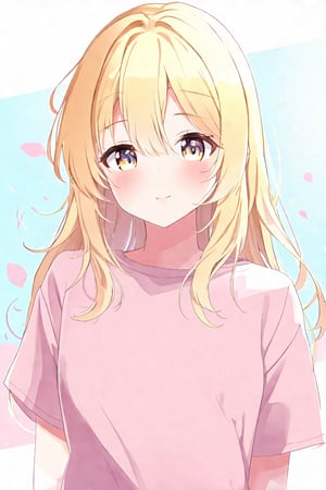 Anime_style_14, 1girl, blonde hair, half-body, detailed eyes, pastel colors, soft lighting, casual clothes, standing, relaxed expression, delicate hair strands, soft pink and baby blue background, blush, anime-style, focus on upper body, gentle atmosphere, subtle shadows, golden hair highlights