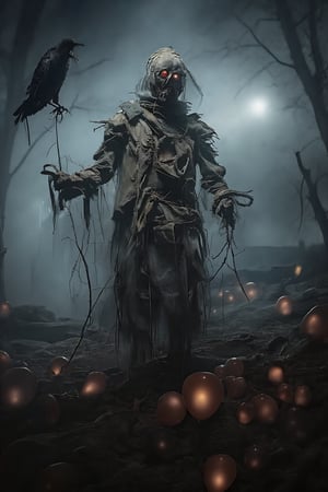 A menacing scarecrow stands alone in a desolate, fog-covered field at dusk, its tattered straw body illuminated by the faint glow of the setting sun. The scarecrow has a twisted, stitched burlap sack for a face, with glowing red eyes peering through jagged holes. Its arms are outstretched, with rusted nails and barbed wire wrapped around its limbs. The scarecrow’s tattered clothes flutter eerily in the cold breeze, and crows circle above, cawing ominously. The field is filled with broken, withered crops, and the ground is littered with dry, cracked soil. In the background, an old, abandoned barn stands in ruins, barely visible through the thick fog, casting long, eerie shadows across the barren landscape