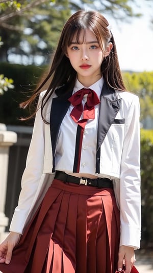 High Quality, Lossless, Clean, Raw, High Quality, Lossless, Clean, Raw, HD, girl, alone, clear lights, bangs in her hair, blue eyes, beautiful girl, anoa magic academy school uniform, shirt, white shirt, buttons, buttoned cuffs, jacket, white jacket, cropped jacket, bow, red bow, bowtie, red bowtie, long sleeves, puffy sleeves, skirt, red skirt, pleated skirt, shoes, arm belt, high-waist skirt, ascot, red ascot, solo,ranoa magic academy school uniform 