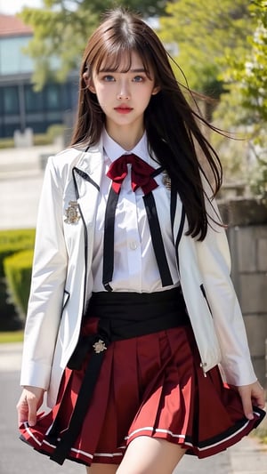 High Quality, Lossless, Clean, Raw, High Quality, Lossless, Clean, Raw, HD, girl, alone, clear lights, bangs in her hair, blue eyes, beautiful girl, anoa magic academy school uniform, shirt, white shirt, buttons, buttoned cuffs, jacket, white jacket, cropped jacket, bow, red bow, bowtie, red bowtie, long sleeves, puffy sleeves, skirt, red skirt, pleated skirt, shoes, arm belt, high-waist skirt, ascot, red ascot, solo