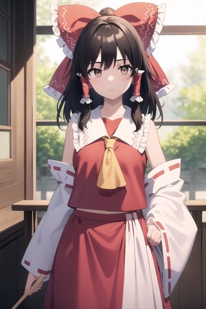 (Best Quality, 8K, ultra-detailed, Masterpiece: 1.3), brown hair, hair bow,hair tubes, tabard,long dress,hakurei reimu, high colors 