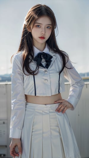 High Quality, Lossless, Clean, Raw, High Quality, Lossless, Clean, Raw, HD, girl, alone, clear lights, bangs in her hair, blue eyes, beautiful girl, anoa magic academy school uniform, shirt, white shirt, buttons, buttoned cuffs, jacket, white jacket, cropped jacket, bow, white bow, bowtie, white bowtie, long sleeves, puffy sleeves, skirt, white skirt, pleated skirt, shoes, arm belt, high-waist skirt, ascot, wait ascot, solo, blue eyes, (smile:0.8), under the skirt