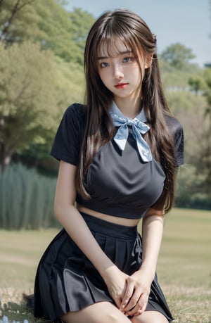  (Best Quality, 8K, ultra-detailed, Masterpiece: 1.3),  1girl, solo, pleated skirt, black skirt, smiling, looking at viewer, blue eyes, smile, long hair, park, bow tie, (black hair:1.3), blue eyes, halo, long white shirt, side updo hairstyle, sitting in a field of Lycoris flowers,colorful_girl_v2,realhands