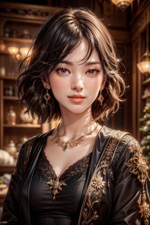 (masterpiece,best quality,ultra-detailed,8K,intricate, realistic),girl posing in photo studio,smile,black bob_cut,earrings,jewelry,(colorful),Christmas theme and decorations,1 girl,rembrandt lighting,1 girl,Color Booster,seolhyun,han-hyoju,song-hyegyo